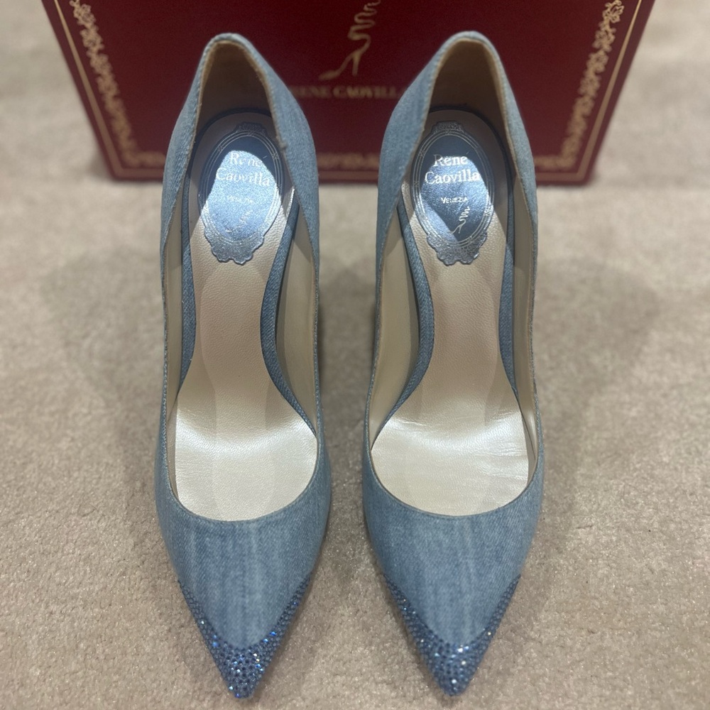 Rene Caovilla Denim Crystal Embellished Pumps - Picture 2 of 5